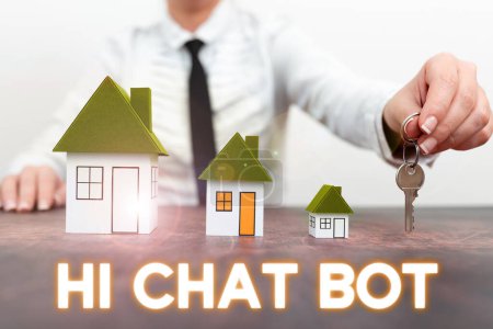Foto de Text showing inspiration Hi Chat Bot, Business approach Greeting to robot machine who answers to a sent message - Imagen libre de derechos