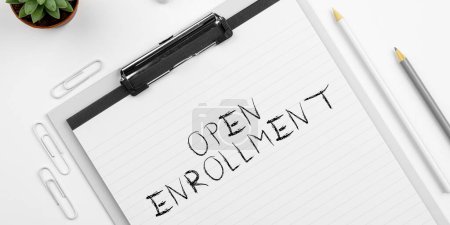 Photo for Writing displaying text Open Enrollment, Business concept The yearly period when people can enroll an insurance - Royalty Free Image