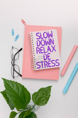 Téléchargez les photos : Signe d'écriture Slow Down Relax De Stress, Approche d'affaires Avoir une pause réduire les niveaux de stress se reposer calme - en image libre de droit