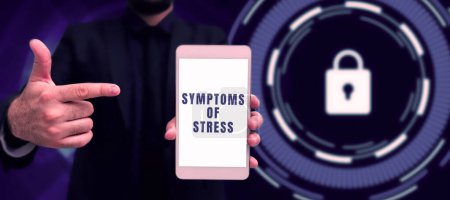 Photo for Hand writing sign Symptoms Of Stress, Conceptual photo serving as symptom or sign especially of something undesirable - Royalty Free Image