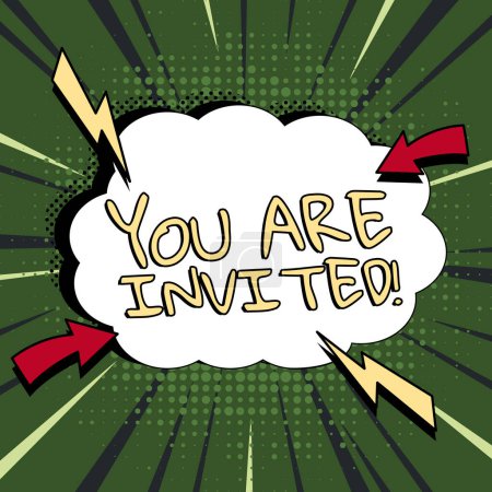 Schild mit der Aufschrift You Are Invited, Konzept Bedeutung Empfang und Einladung zu einer Veranstaltung Begleiten Sie uns zum Feiern