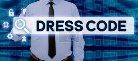 Photo for Text sign showing Dress Code, Conceptual photo an accepted way of dressing for a particular occasion or group - Royalty Free Image