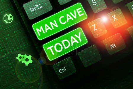Foto de Título conceptual Man Cave, Word Escrito en una habitación, espacio o área de una vivienda reservada para una persona masculina - Imagen libre de derechos