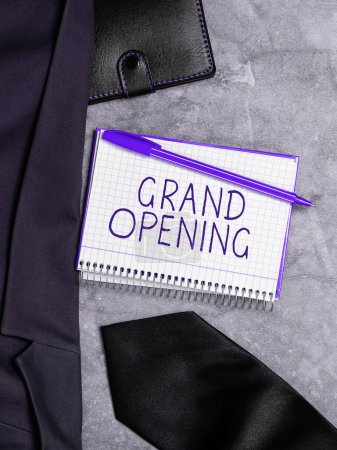 Photo for Writing displaying text Grand Opening, Word Written on Ribbon Cutting New Business First Official Day Launching - Royalty Free Image