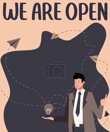 Foto de Leyenda conceptual Estamos abiertos, Enfoque de negocios sin barreras de encierro o confinamiento, accesible por todos lados - Imagen libre de derechos