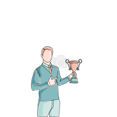 Illustration for Smiling guy celebrating winning a contest with a trophy in hands. - Royalty Free Image
