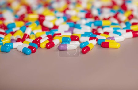 Photo for Pills on beige background. Medicines and prescription pills background - Royalty Free Image