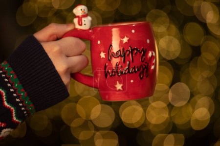 Photo for Christmas drink. Red Cup of hot chocolate on festive background. Xmas concept. - Royalty Free Image