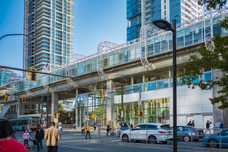 Photo for View of Skytrain station Metrotown, Vancouver City, BC, Canada. Modern downtown of Burnaby city-October 1,2022. Travel photo, editorial, selective focus - Royalty Free Image