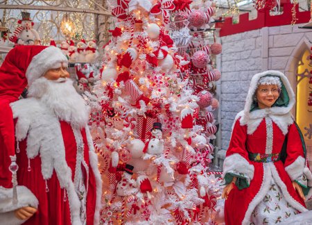 Téléchargez les photos : Mme Père Noël et son mari le Père Noël saluent les invités à l'enterie d'une maison. Le Père Noël souriant et Mme Père Noël. Noël et Nouvel An concept - en image libre de droit
