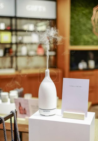 Photo for Modern aroma oil diffuser on a stand. Electric Essential oils Aroma diffuser. Ultrasonic aromatherapy oil diffuser in use. Atomized water droplets being dispensed into the air. - Royalty Free Image