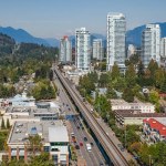 Aerial view of Coquitlam skyline and residential apartment buildings. Taken in Greater Vancouver, British Columbia, Canada. Travel photo, nobody-October 1,2022