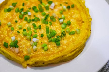 Simple egg omelette with herbs on white plate. Fluffy breakfast omelette with green spring onions. Breakfast with pan-fried eggs. Keto ketogenic diet. Texture of omelet. Nobody, selective focus