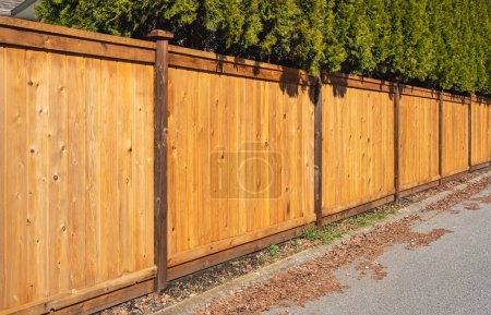 Téléchargez les photos : Nice new wooden fence around house. Wooden fence with green lawn. Street photo, nobody, selective focus - en image libre de droit