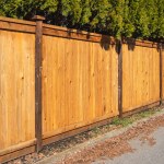 Nice new wooden fence around house. Wooden fence with green lawn. Street photo, nobody, selective focus