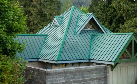 Téléchargez les photos : Belle toiture verte avec lucarne. Toit décoratif en métal. Types de toits de toit.Le toit de la maison à partir d'un profil métallique. Toiture. Revêtement en acier inoxydable. Personne, copyspace pour le texte - en image libre de droit