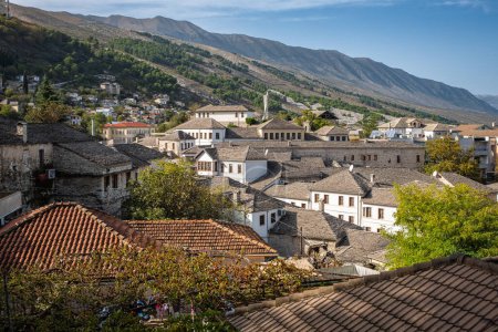 Photo for Cityscape of Old town Gjirokaster old town, Albania. Old ottoman houses in Gjirokaster. Travel photo, nobody, copy space for text - Royalty Free Image