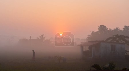 Landscape with sunrise in rural farmland in India. Foggy sunrise at Goa Plantations. Early morning, light play with fog and trees. Traditional Indian village house at beautiful sunrise, travel photo