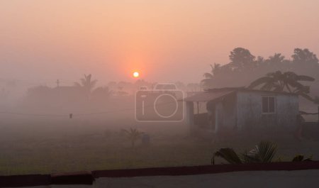 Landscape with sunrise in rural farmland in India. Foggy sunrise at Goa Plantations. Early morning, light play with fog and trees. Traditional Indian village house at beautiful sunrise. Travel photo