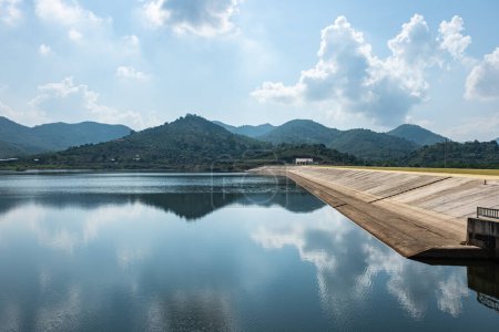 Dam on Lake during sunny day in Asia. View of the river and dam in Nha Trang Vietnam. travel photo, nobody