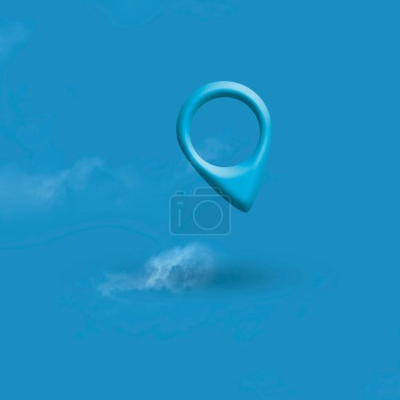 Map pin location 3D button with clouds on blue, map pointer navigation concept