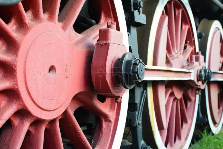 roues d'une vieille locomotive à vapeur debout sur le rail
