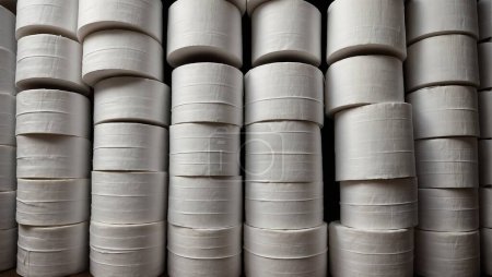Rolls of white toilet paper stacked in piles