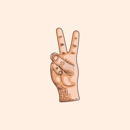 Illustration for V letter logo in a deaf-mute hand gesture alphabet. Hand drawn vector illustration isolated on brown background. - Royalty Free Image