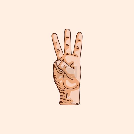 Illustration for W letter logo in a deaf-mute hand gesture alphabet. Hand drawn vector illustration isolated on brown background. - Royalty Free Image