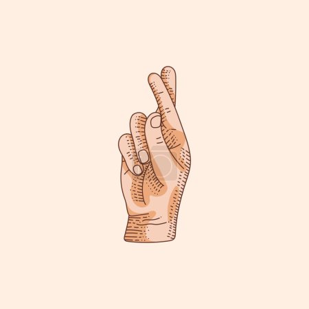 Illustration for Gesture. Lucky sign. Stylized hand with two fingers crossed. Middle finger in the front. Icon. Vector illustration on a brown background. Making promise signal by hand. skin brown silhouette. - Royalty Free Image