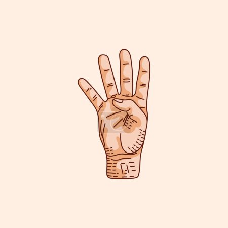 Illustration for 4 or Four number logo in a deaf-mute hand gesture number. Hand drawn vector illustration isolated on brown background. - Royalty Free Image