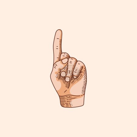 Illustration for 1 or One number logo in a deaf-mute hand gesture alphabet. Hand drawn vector illustration isolated on brown background. - Royalty Free Image