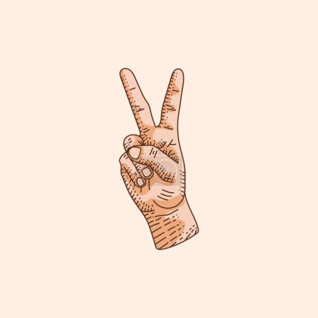 Illustration for 2 or Two number logo in a deaf-mute hand gesture number. Hand drawn vector illustration isolated on brown background. - Royalty Free Image