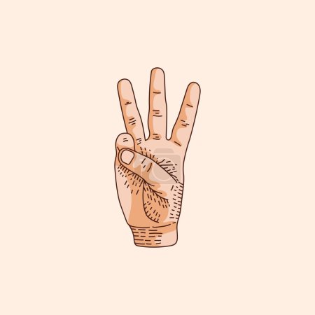 Illustration for 3 or Three number logo in a deaf-mute hand gesture number. Hand drawn vector illustration isolated on brown background. - Royalty Free Image