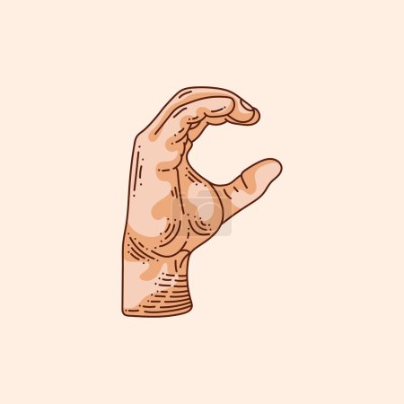 Illustration for C letter logo in a deaf-mute hand gesture alphabet. Hand drawn vector illustration isolated on brown background. - Royalty Free Image