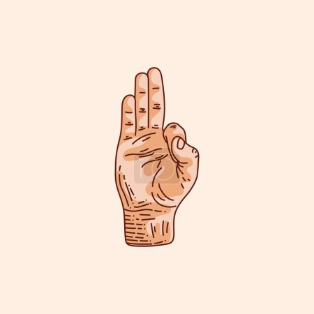 Illustration for F letter logo in a deaf-mute hand gesture alphabet. Hand drawn vector illustration isolated on brown background. - Royalty Free Image