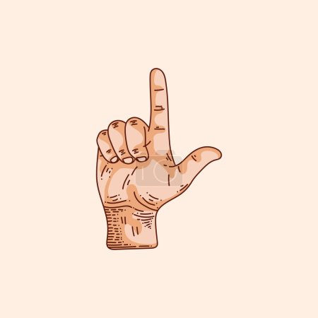 Illustration for L letter logo in a deaf-mute hand gesture alphabet. Hand drawn vector illustration isolated on brown background. - Royalty Free Image
