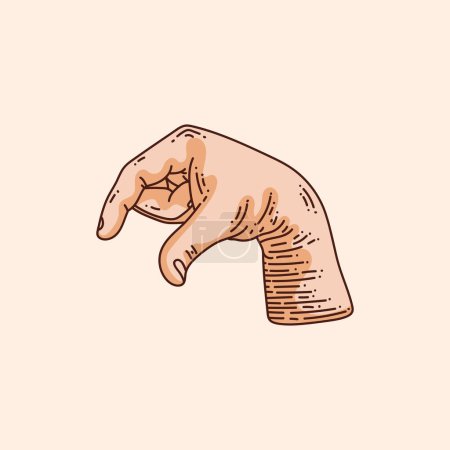 Ilustración de Logotipo de letra Q en un alfabeto de gesto de mano sordo-mudo. Ilustración vectorial dibujada a mano aislada sobre fondo marrón. - Imagen libre de derechos