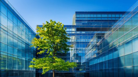 Photo for A modern skyscraper with sleek glass panels, reflecting a lush green tree. Sustainable design for a greener future. - Royalty Free Image