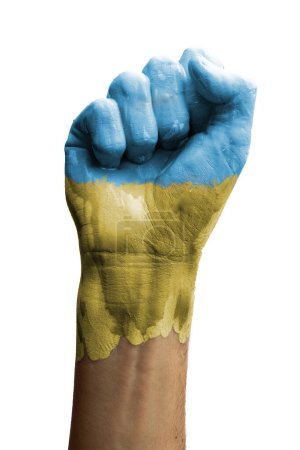 Protestschild zur Unterstützung der Ukraine. Die Faust wird in den Farben der ukrainischen Flagge erhoben