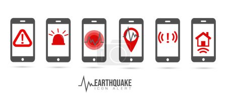 Earthquake alert icons. Set of symbols, cell phones with warning signal. 