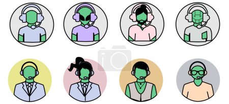 Illustration for Different people symbol: call center agents, telemarketer operator. Customer support service icon. Green people with Headset, headphone. Service and Support logo. - Royalty Free Image