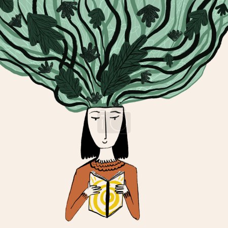 Photo for Creative design of smart young female with dark hair and tree with green leaves on head reading interesting book against beige background - Royalty Free Image