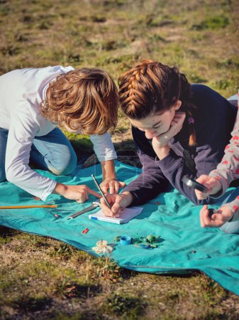 Photo for High angle of concentrated teenagers volunteers observing picked rubbish and plastic waste sitting on grassy ground in nature - Royalty Free Image