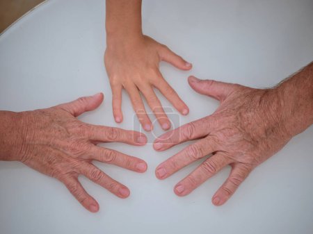Photo for From above hands of crop anonymous wrinkled grandparents and kid on clear white table together in light room at home - Royalty Free Image