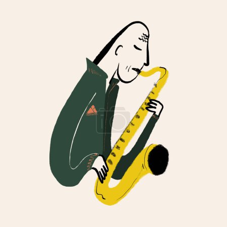 Téléchargez les photos : Illustration de la vue latérale du musicien de bande dessinée masculin en vêtements décontractés jouant du saxophone sur fond beige - en image libre de droit