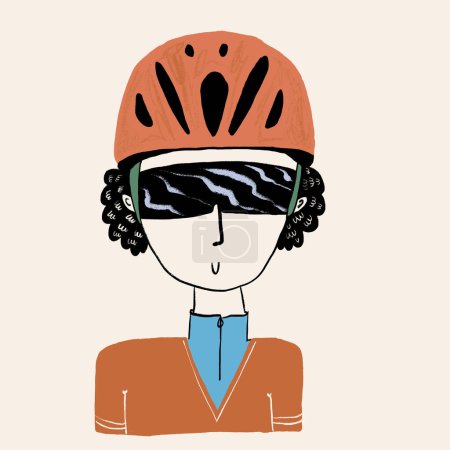 Foto de Diseño vectorial de estilo plano de ciclista femenina fresca con cabello oscuro en casco protector y gafas de sol sobre fondo beige - Imagen libre de derechos