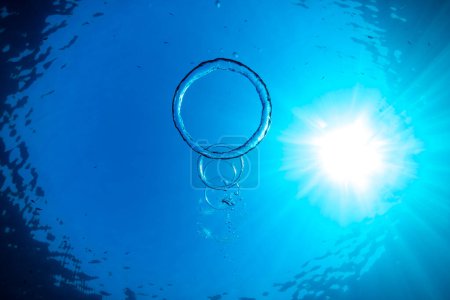 Photo for From below of bubble rings under transparent blue water of rippling sea against cloudless sky on sunny day - Royalty Free Image
