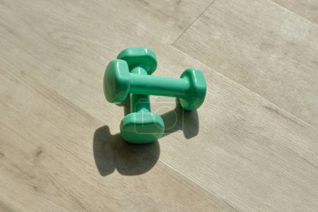 Photo for From above of green dumbbells placed on floor in room in sunny day - Royalty Free Image