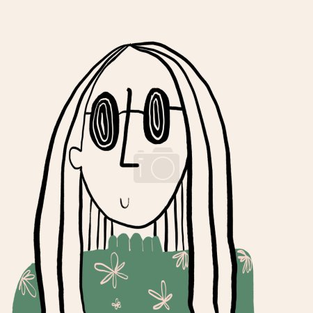 Foto de Ilustración simple de mujer de dibujos animados con pelo largo en gafas y blusa floral sobre fondo beige - Imagen libre de derechos